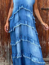 Robe Longue en Denim Superposée à Ourlet Brut - photo produit 4 - VELZAR