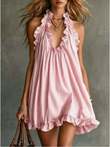 Full Size Ruffled Trim Halter Neck Mini Dress Plus Size - photo produit 5 - VELZAR