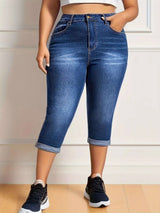Plus Size Rolled Hem High Waist Denim Capri Jeans - photo produit 1 - VELZAR
