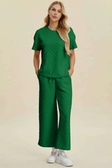 Double Take – Ensemble Haut Texturé Col Rond Manches Courtes et Pantalon Grande Taille - photo produit 1 - VELZAR