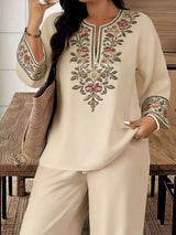 Full Size Embroidered Long Sleeve Top and Pants Set Plus Size - photo produit 4 - VELZAR