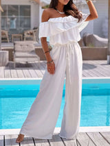 Off-Shoulder Ruffled Wide Leg Jumpsuit - photo produit 6 - VELZAR
