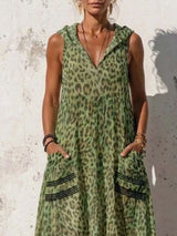 Full Size Sleeveless Hooded Leopard Print Maxi Dress with Pockets Plus Size - photo produit 4 - VELZAR