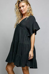 POL – Robe en Coton Col en V Volantée Froncée Manches Courtes - photo produit 2 - VELZAR