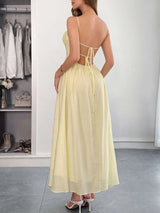Robe à Fines Bretelles Texturée Col Cœur Dos Nu - photo produit 5 - VELZAR