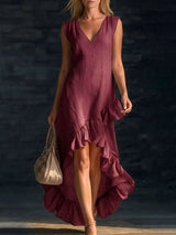 Full Size V-Neck Ruffle Hem High-Low Dress Plus Size - photo produit 3 - VELZAR