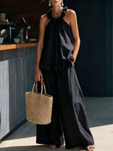 Full Size Ruffled Halter Neck Top and Wide-Leg Pants Set Plus Size - photo produit 5 - VELZAR