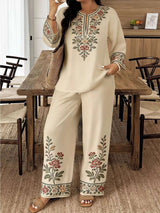 Full Size Embroidered Long Sleeve Top and Pants Set Plus Size - photo produit 3 - VELZAR
