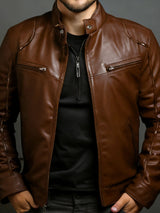 Men's Full Size Leather Motorcycle Jacket with Zipper Front Plus Size - photo produit 4 - VELZAR