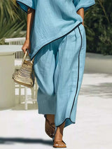Full Size Contrast Trim Half Sleeve Top and Pants Set Plus Size - photo produit 2 - VELZAR