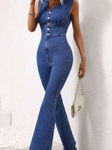 V-Neck Sleeveless Denim Jumpsuit - photo produit 3 - VELZAR