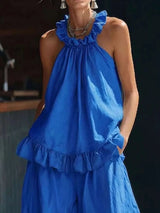 Full Size Ruffled Halter Neck Top and Wide-Leg Pants Set Plus Size - photo produit 2 - VELZAR