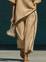Full Size Contrast Trim Half Sleeve Top and Pants Set Plus Size - photo produit 6 - VELZAR