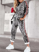 Plus Size Leopard Print Long Sleeve Top and Pants Set - photo produit 2 - VELZAR