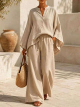 Full Size Notched Long Sleeve Top and Wide-Leg Pants Set Plus Size - photo produit 1 - VELZAR