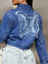 Butterfly Patch Long Sleeve Cropped Denim Top - photo produit 2 - VELZAR
