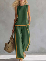Ensemble Haut Sans Manches Rayures Contrastantes et Pantalon Jambe Large Grande Taille - photo produit 5 - VELZAR