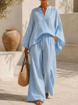 Full Size Notched Long Sleeve Top and Wide-Leg Pants Set Plus Size - photo produit 5 - VELZAR
