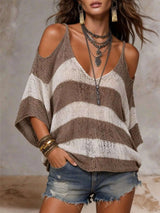 Striped Cold Shoulder Sweater - photo produit 5 - VELZAR