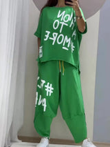 Full Size Letter Round Neck Tee and Drawstring Pants Set Plus Size - photo produit 1 - VELZAR