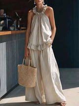 Full Size Ruffled Halter Neck Top and Wide-Leg Pants Set Plus Size - photo produit 3 - VELZAR