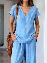 Full Size V-Neck Short Sleeve Top and Pants Set Plus Size - photo produit 6 - VELZAR