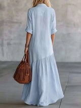 Full Size Button Front Roll-Up Sleeve Maxi Dress Plus Size - photo produit 2 - VELZAR