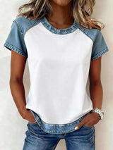 Blouse en Denim Patchwork Manches Courtes - photo produit 5 - VELZAR