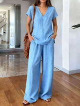 Full Size V-Neck Short Sleeve Top and Pants Set Plus Size - photo produit 5 - VELZAR