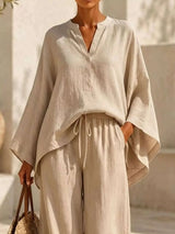 Full Size Notched Long Sleeve Top and Wide-Leg Pants Set Plus Size - photo produit 2 - VELZAR