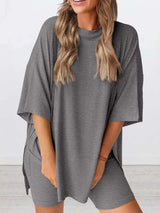 Ensemble Loungewear Haut Oversize Fendu Col Rond et Short Grande Taille - photo produit 5 - VELZAR