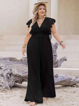 Plus Size Lace Cap Sleeve Wide Leg Jumpsuit - photo produit 4 - VELZAR