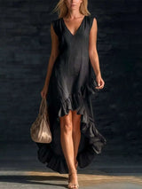 Full Size V-Neck Ruffle Hem High-Low Dress Plus Size - photo produit 6 - VELZAR