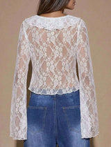Sheer Lace Ruffle Tie-Front Blouse - photo produit 4 - VELZAR