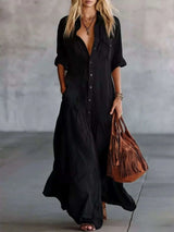 Full Size Button Front Roll-Up Sleeve Maxi Dress Plus Size - photo produit 3 - VELZAR