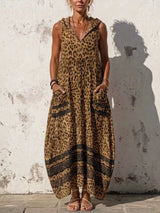 Full Size Sleeveless Hooded Leopard Print Maxi Dress with Pockets Plus Size - photo produit 5 - VELZAR