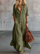 Full Size Button Front Roll-Up Sleeve Maxi Dress Plus Size - photo produit 6 - VELZAR