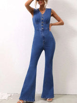 V-Neck Sleeveless Denim Jumpsuit - photo produit 1 - VELZAR