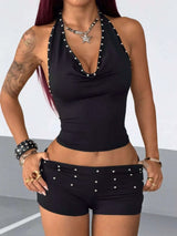 Studded Halter Neck Crop Top and Shorts Set - photo produit 3 - VELZAR