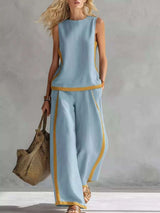 Ensemble Haut Sans Manches Rayures Contrastantes et Pantalon Jambe Large Grande Taille - photo produit 6 - VELZAR