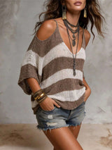 Striped Cold Shoulder Sweater - photo produit 6 - VELZAR