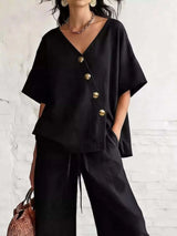 Full Size Surplice Half Sleeve Top and Wide-Leg Pants Set Plus Size - photo produit 6 - VELZAR