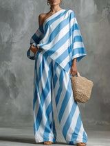 Full Size One-Shoulder Striped Top and Wide-Leg Pants Set Plus Size - photo produit 5 - VELZAR