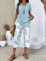Ensemble Haut Superposé et Pantalon Court Imprimé Feuilles - photo produit 1 - VELZAR