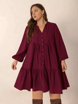 Plus Size Button Front Balloon Sleeve Dress - photo produit 4 - VELZAR