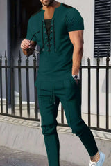 Men's Full Size Lace-Up Front Top and Pants Casual Set Plus Size - photo produit 1 - VELZAR