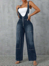Zip Front Wide Strap Denim Overalls - photo produit 3 - VELZAR