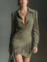 Full Size Suede Fringe Long Sleeve Dress Plus Size - photo produit 2 - VELZAR