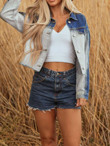 Color Block Patchwork Raw Hem Denim Jacket - photo produit 6 - VELZAR