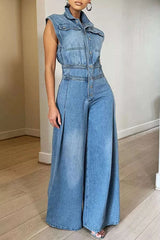Sleeveless Wide-Leg Denim Jumpsuit with Button-Front - photo produit 1 - VELZAR
